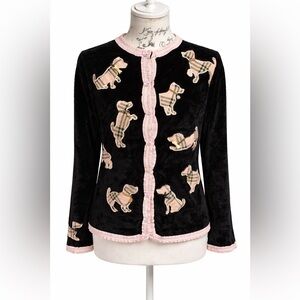 Rare ScottieDog AppliquéVelvet CardiganPink Ruffle TrimNoveltyBoutiqueSweaterY2K